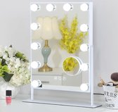 Hollywood Make-up Spiegel met Verlichting - 12 Dimbare LED Lampen - 360° Draaibare Cosmetica Spiegel - 3 Lichtkleuren - Touch Bediening - Inclusief 10x Vergrotende Spiegel - Wit - 30x41 cm