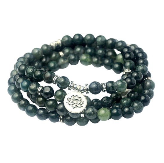 Marama - Collier Mala Agate Mousse - Lotus - pierres semi-précieuses - élastique - peut également être porté comme bracelet enroulé - collier pour femme