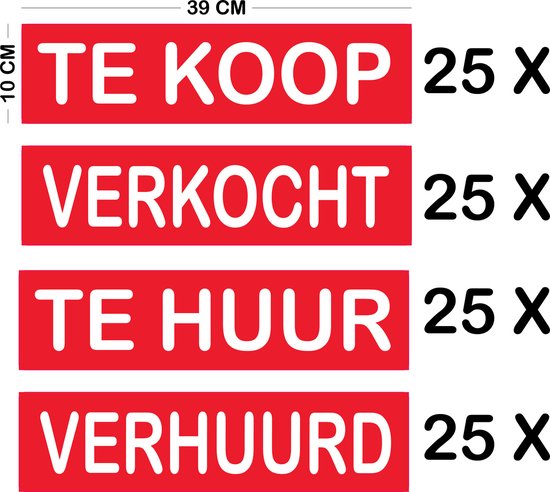 100 Immo Stickers Rood Bubbelfree Combi "TE KOOP"+"TE HUUR" 100stuks assortie.