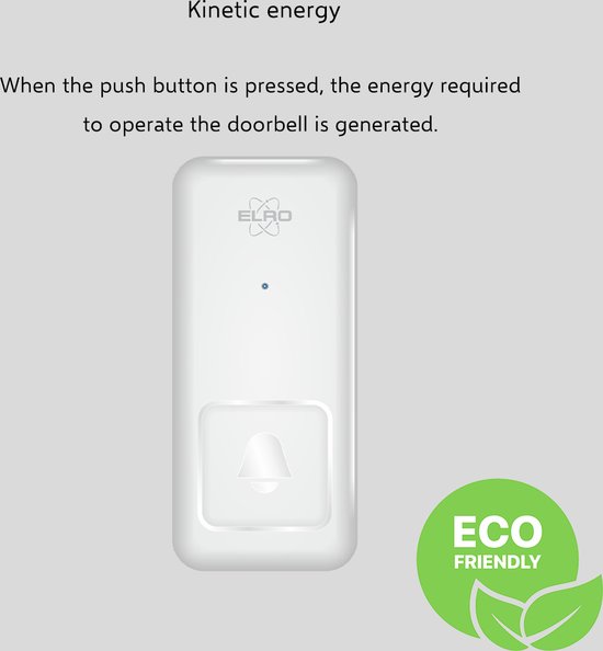 Witte kinetische deurbel met 'Eco Friendly'-logo, op een grijze achtergrond. Tekst: 'Kinetic energy'.