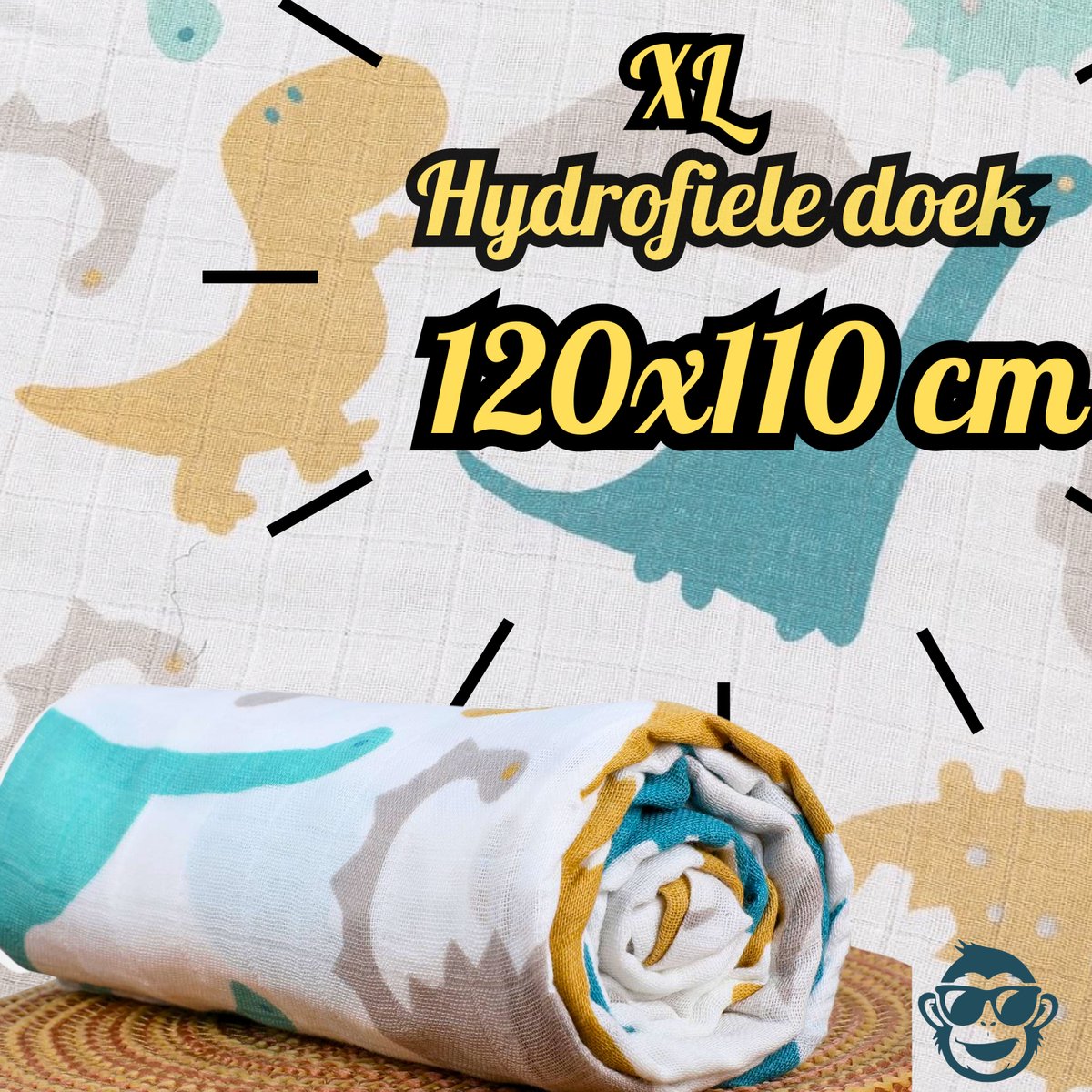 Goedkoopste BoefieBoef Grote XL Hydrofiele Doek - XL Dinosaurus - Duurzaam Eco Bamboe - Kerst en KraamCadeau - Swaddle, Inbakerdoek, Hydrofiele Luier & Babydeken - Wit Groen Geel Grijs Groot