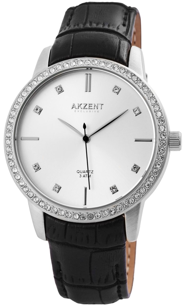 Akzent-Dames horloge-Analoog-Rond-42MM-Zilver-Zwart lederen band.