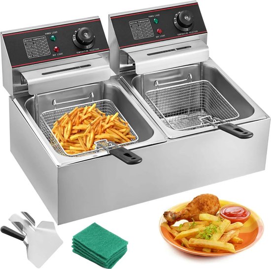 Dubbele Friteuse - Dubbele Frituurpan - Frituurpan Dubbel - 2 x 6 Liter - Zilver