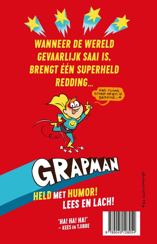 Grapman, een superheld met gele cape, rode handschoenen en blauw pak. Omringd door gele sterren en de tekst 'Wanneer de wereld gevaarlijk saai is, brengt één superheld redding...'.