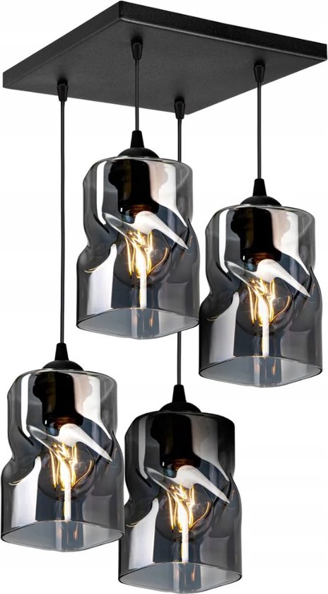 Lampe suspendue Industrial Smoke / Zwart - 4 lumières - Plaque de montage carrée - Glas - Suspensions Salle à manger, Chambre, Salon 'TwistLux'