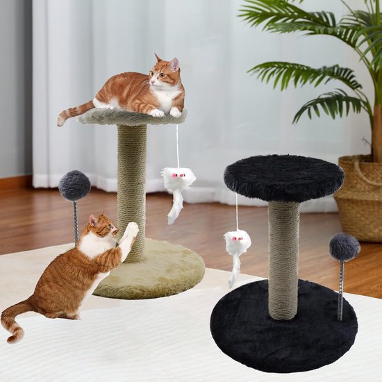 FANTASK Krabpaal klein, kattenboom met grote pluche zitting, kattenkrabpaal hout, kattenmeubel, klimboom