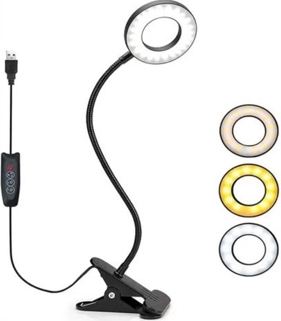 Thuys – Bedlampjes Hoofdbord – Bureaulamp Met Klem – Drie Lichtstanden – Ringlicht – Dimbaar - Flexibele Zwanenhals – USB