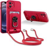 Telefoonhoesje met koord Geschikt voor: Apple iPhone 11 - Pasjeshouder - Camerabeschermer - Magnetische Ringhouder - FuturiQ - Rood