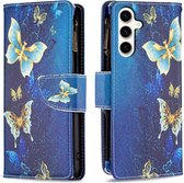 Telefoonhoesje geschikt voor Samsung Galaxy S23 FE - Portemonnee met rits - book-case hoesje - ruimte voor 9 pasjes - goud blauw vlinders