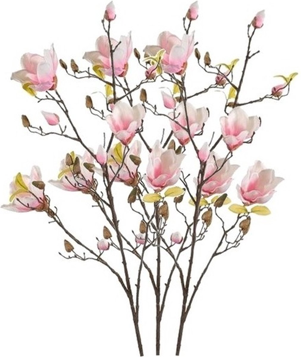 Bellatio Flowers & Plants Kunstbloem - 3x - Magnolia - op tak - 105 cm - roze - sierbloemen - decoratie