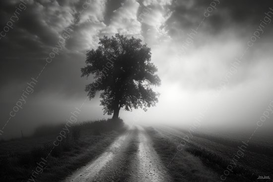 JJ-Art | Landschap met boom in zwart wit, weg, wolken | mist, zandweg, modern |