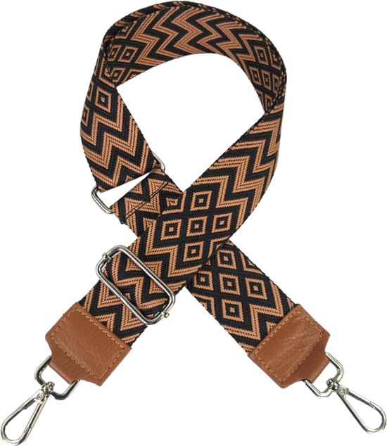 Qischa® Bag strap - Tassenriem - Schouderband - Schouderriem - Tassen Riem - Tas Hengsel - Verstelbare Riem - zwart, camel - zilveren hardware