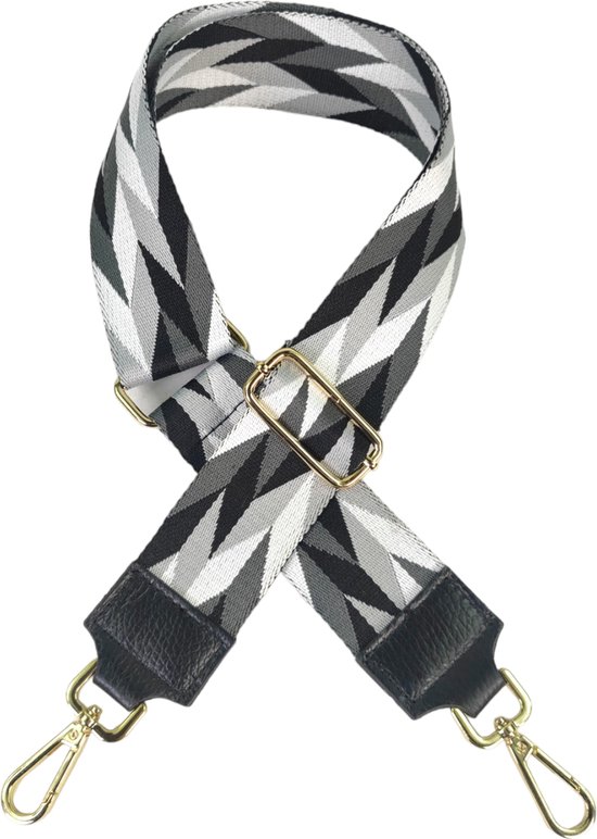 Qischa® Bag strap - Tassenriem - Schouderband - Schouderriem - Tassen Riem - Tas Hengsel - Verstelbare Riem - zwart, wit, grijs - gouden hardware