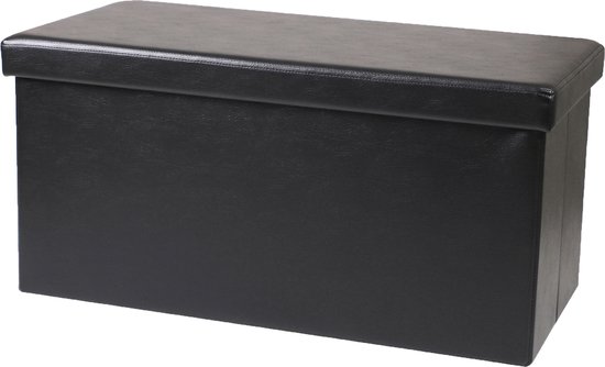 Urban Living Hocker bankje - poef dubbel zits - opbergbox - zwart - lederlook - 76 x 38 x 38 cm - opvouwbaar