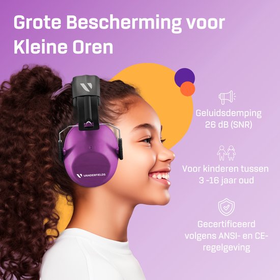 Vanderfields Gehoorbescherming Kinderen - Gehoorbeschermers Kinderen - Oorkappen Kinderen - 3-16 jaar - 26dB - Paars - V-Star