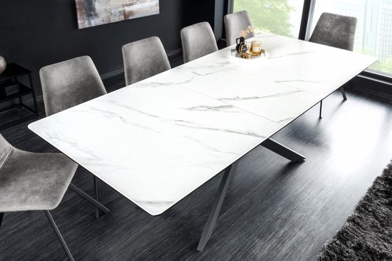 Table à manger extensible en céramique blanche avec vis foncées 160-200cm avec base en métal noir
