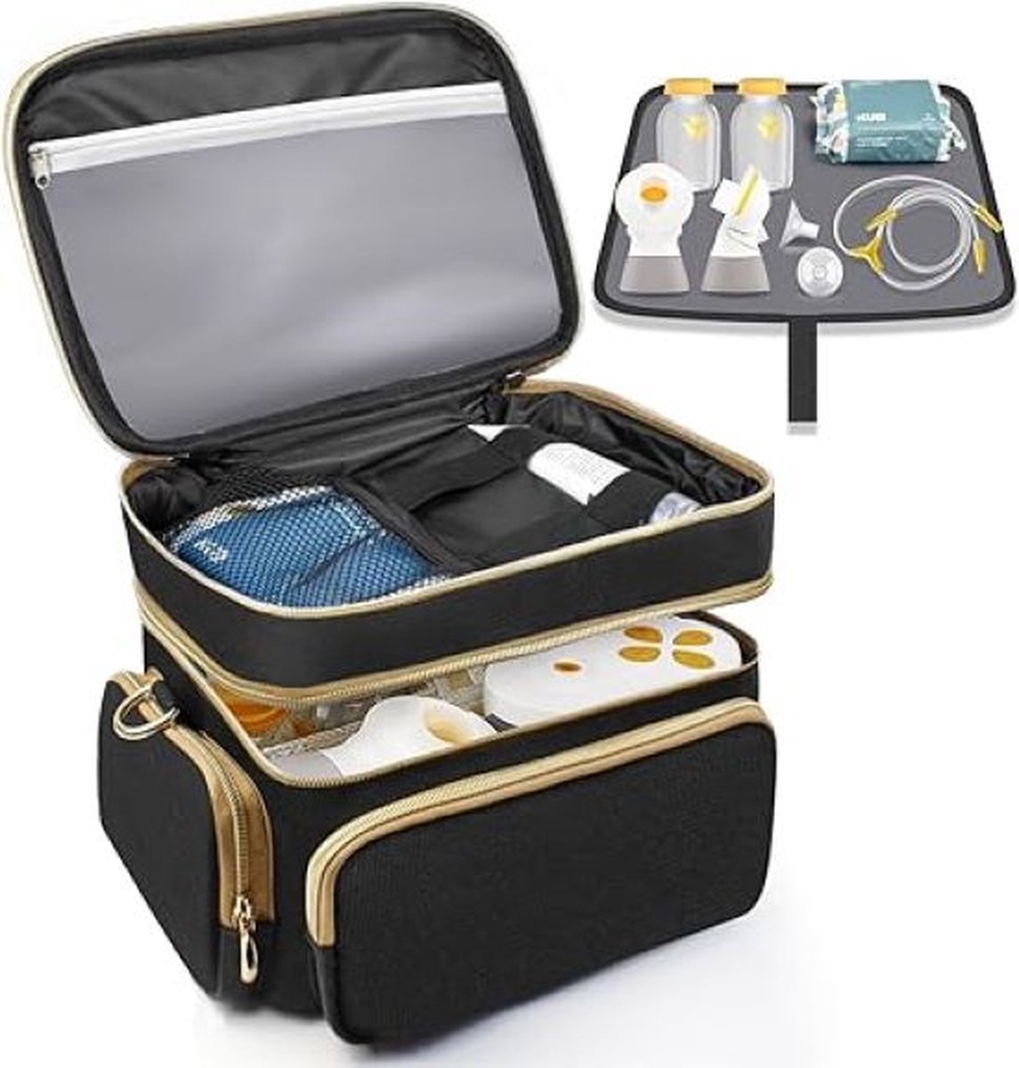 Goedkoopste Borstkolfzak - Geïsoleerde, Waterdichte Draagtas met Compartimenten voor Borstkolfaccessoires - 2-laags pompzak waterdichte mat en verstelbare verdelers - pompzak borstkolf en extra onderdelen - zwangerschap - baby - 20,3 x 17,8 x 28 cm - 6vakken