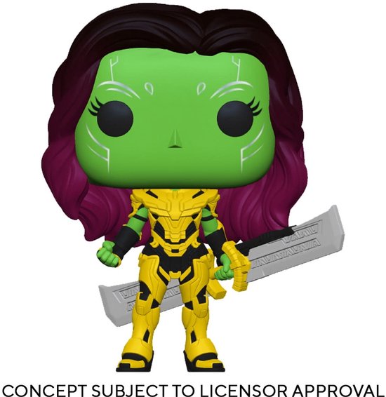 Gamora Funko Pop met gouden pantser, groen gezicht en zwaard. Zwart haar met paarse gloed. Conceptafbeelding.