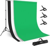 Système de fond Ombar pour la Photographie 300x200 cm - Toile de fond vert avec trépieds et Tissus de fond supplémentaires blanc/noir