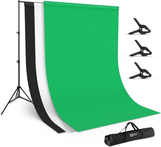 Ombar Achtergrondsysteem voor Fotografie 300x200 cm - Greenscreen Achtergronddoek met statieven en wit/ zwarte extra Achtergronddoeken