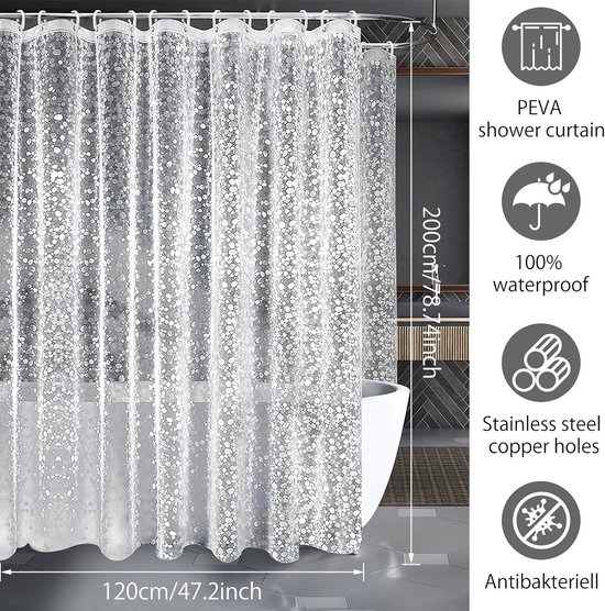 Douchegordijn, doorzichtig, 180 x 200 cm, transparant, douchegordijn