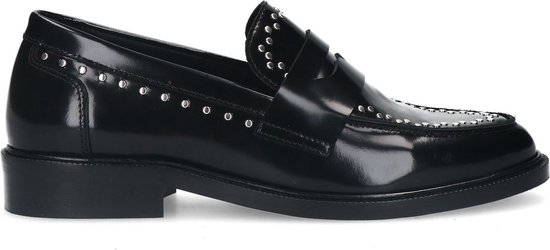 Manfield - Dames - Zwarte leren loafers met zilverkleurige studs - Maat 36