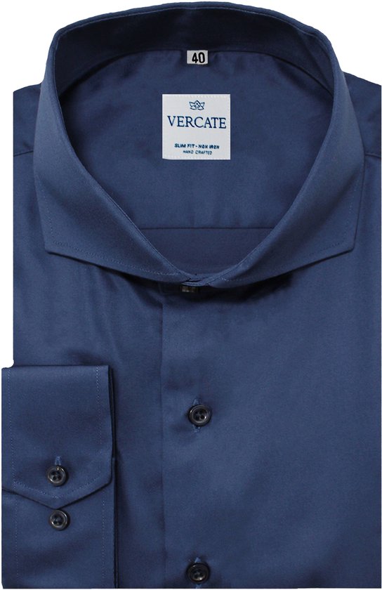 Vercate - Strijkvrij Overhemd - Navy - Marine Blauw - Slim Fit - Katoen Satijn - Lange Mouw - Heren - Maat 44/XL