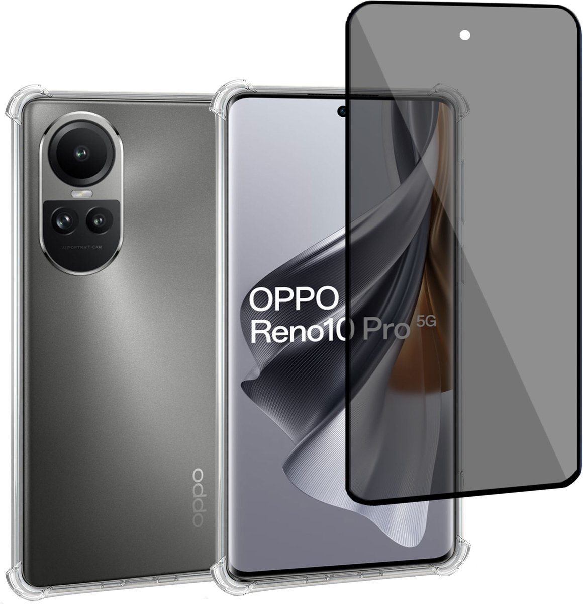 Geschikt voor OPPO Reno 10 Pro - Hoesje + Privacy Screenprotector – Privé - Gehard Glas Cover