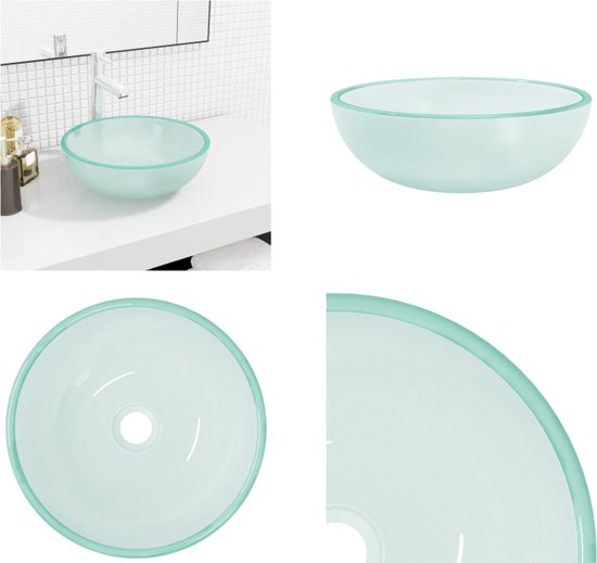 Collage d'un bassin de lavabo en verre vert menthe. Montre le bassin dans une salle de bain et des détails.