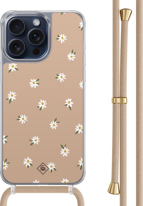 Casimoda® hoesje met beige koord - Geschikt voor iPhone 15 Pro Max - Sweet Daisies - Afneembaar koord - TPU/polycarbonaat - Bruin/beige