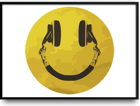 Koptelefoon smile fotolijst met glas 40 x 50 cm - Prachtige kwaliteit - woonkamer - play - music - dj - radio - geluid - sound - Harde lijst - Glazen plaat - inclusief ophangsysteem - Grappige Poster - Foto op hoge kwaliteit uitgeprint