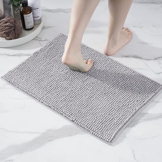 Badmat Anti-Slip av soft Chenille | Super absorberend en machinewasbaar | Te combineren als badmat set | Voor de badkamer, douche, bad of als WC mat | Grijs - 40x60 cm