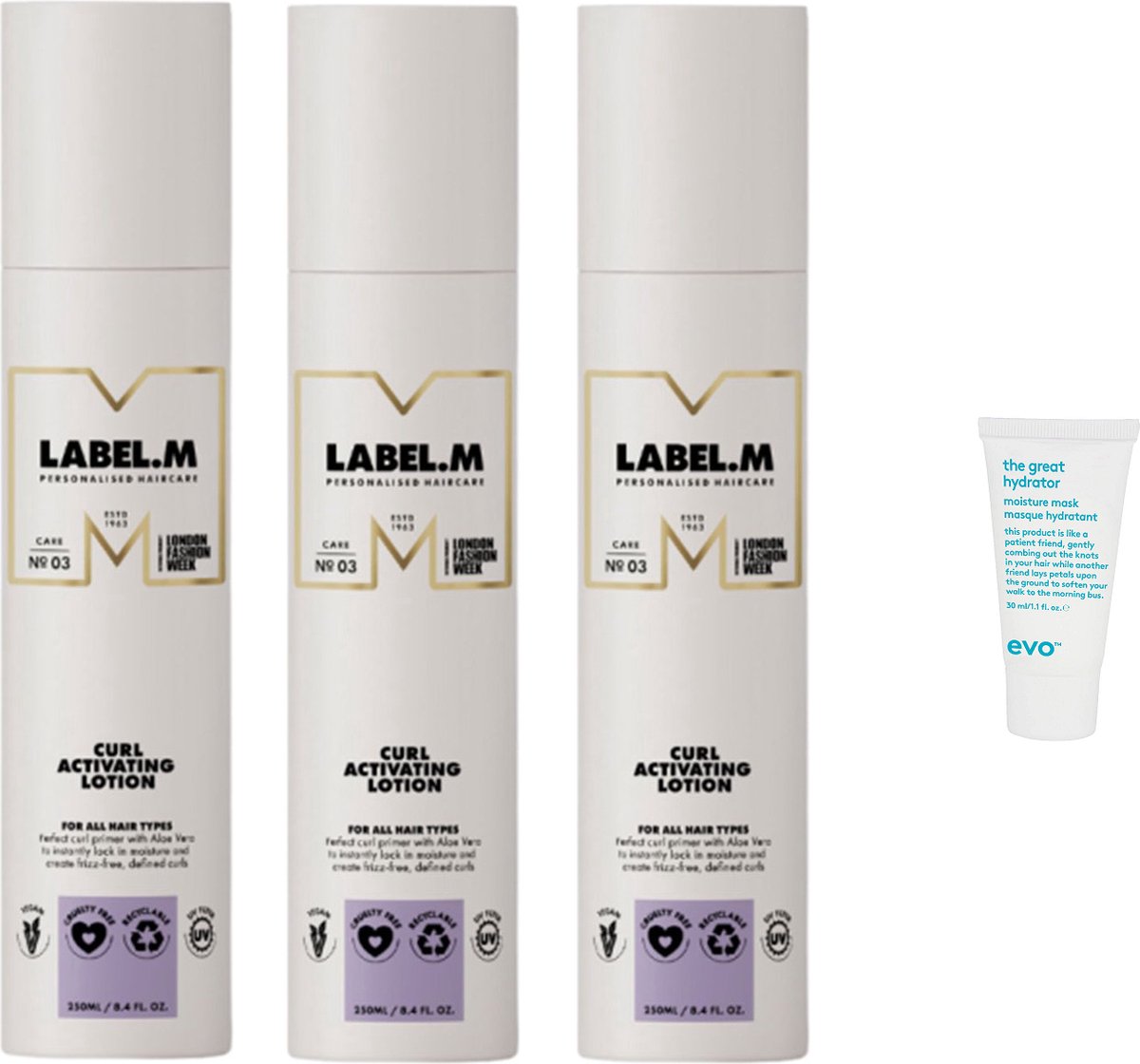 3 x Label.M - Curl Activating Lotion - 250 ml + WILLEKEURIG Travel Size