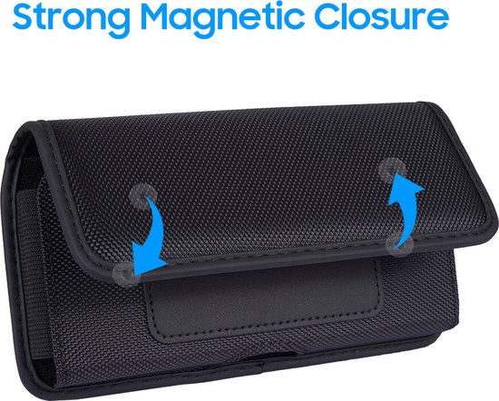 Holster de téléphone noir avec fermeture magnétique, indiquée par des flèches bleues.