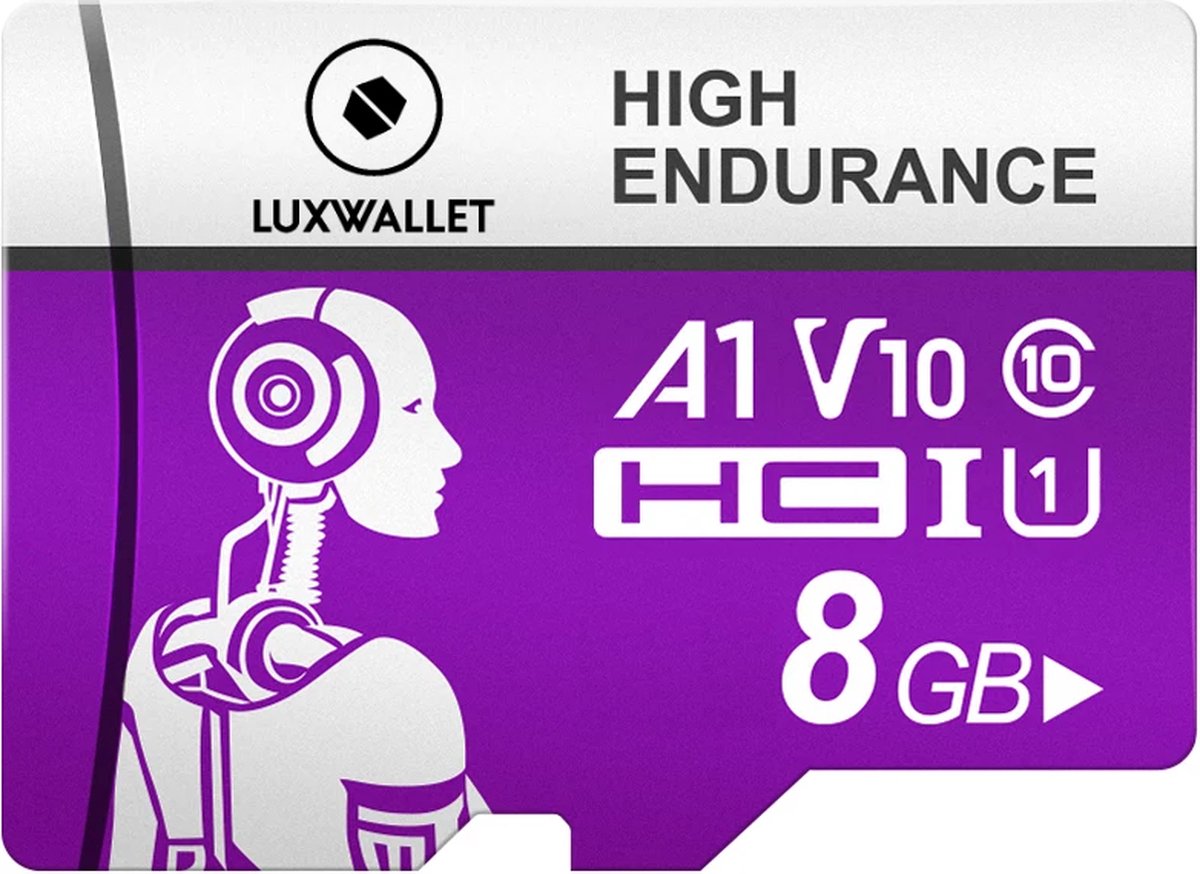 LUXWALLET® HC U1 - 8GB Micro SD Kaart - TF Klasse 10 - High Endurance - Snelle Gegevensoverdracht - Paars