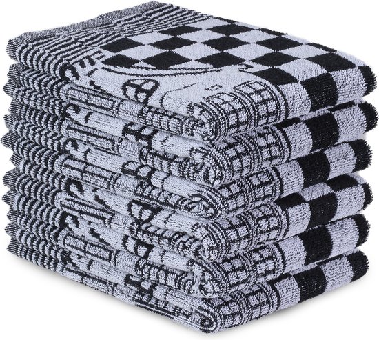 Pile de 6 torchons noirs et blancs à motif damier et imprimé manoir.