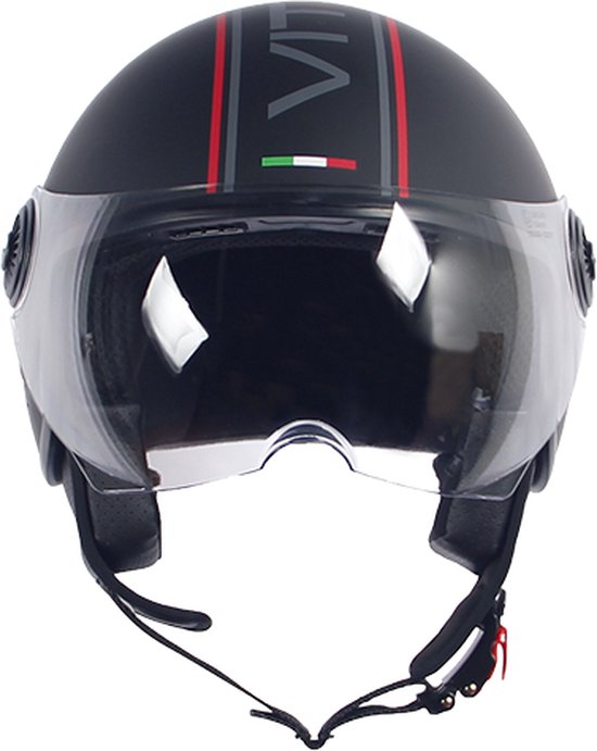 Zwarte helm met vizier, met rode en grijze strepen en tekst.