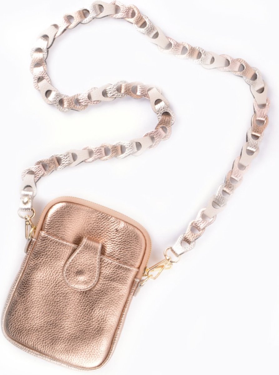 Tassenriem/Bag Strap/Telefoonkoord Gevlochten Leer Metallic Small - Roségoud/Goud/Beige