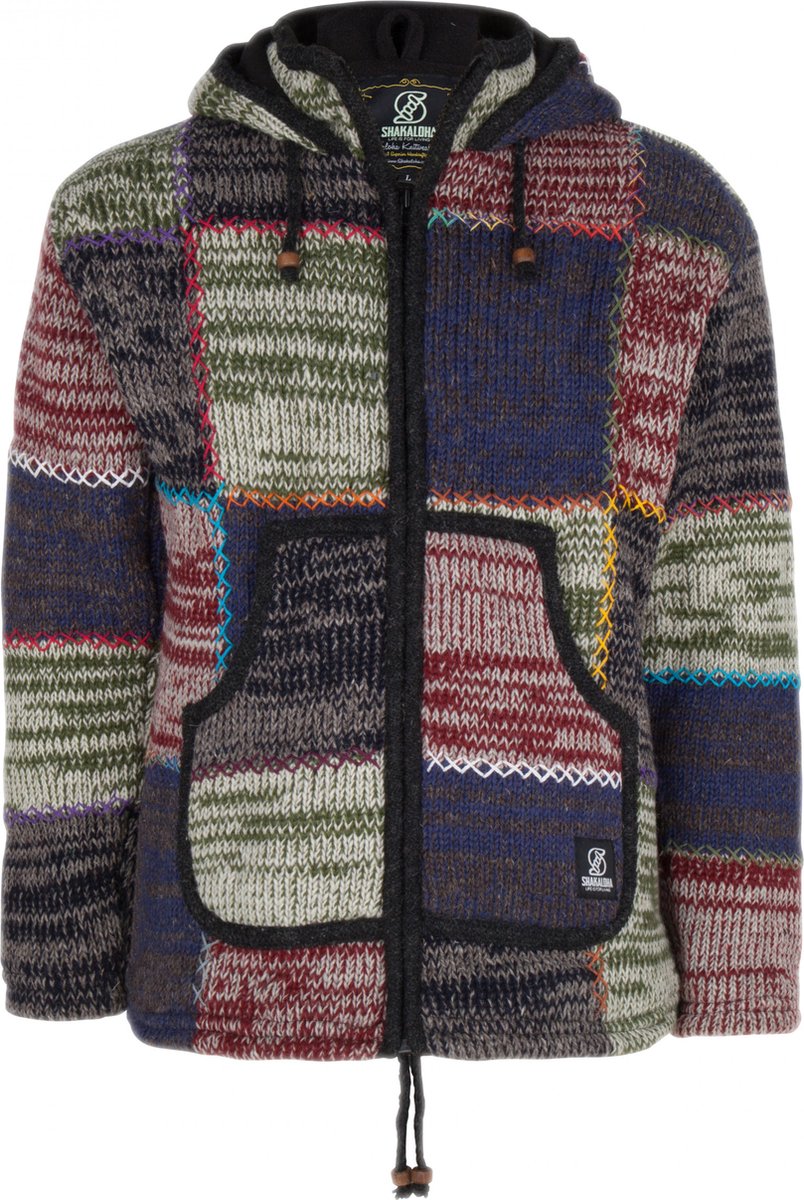 Gebreid Wollen Heren/Uni Vest van Schapenwol met Polyester Fleece voering en afneembare capuchon SHAKALOHA M Patch ZH 3XL Fademulti