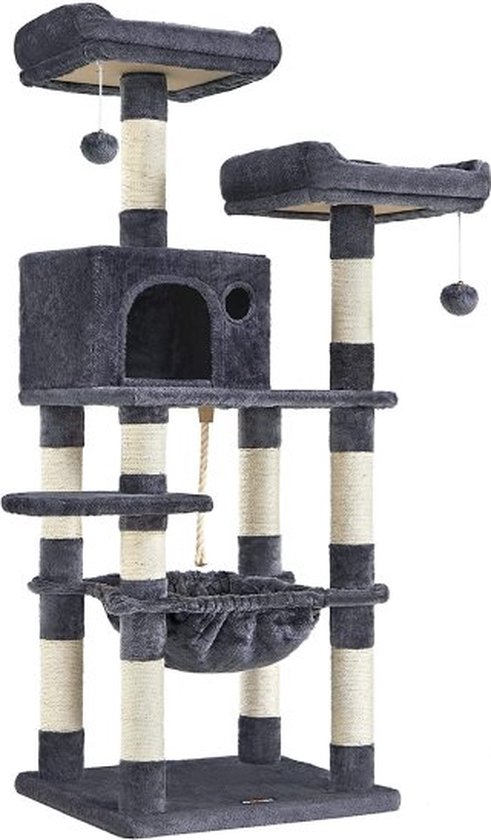 Arbre à chat FEANDREA, arbre à chat 143 cm, 2 plates-formes d'observation confortables, gris fumée PCT15GYZ