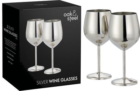 Foto: Oak steel 2 zilveren roestvrijstalen wijnglazen 520 ml wijnglazen voor speciale gelegenheden met geschenkdoos