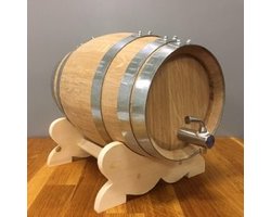 foto van Wijnvat 3 liter van Nieuw Eiken met Houten Stop en Onderstel, met RvS Kraan - Wijnvat - Whiskyvat - Eiken Vaatje
