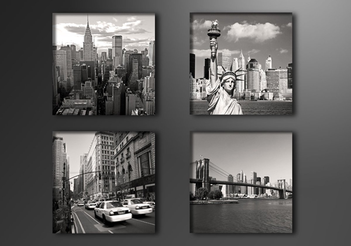 karo-art Schilderij - New York City, USA, 4x 20cm. 4 delen, wanddecoratie Multikleur