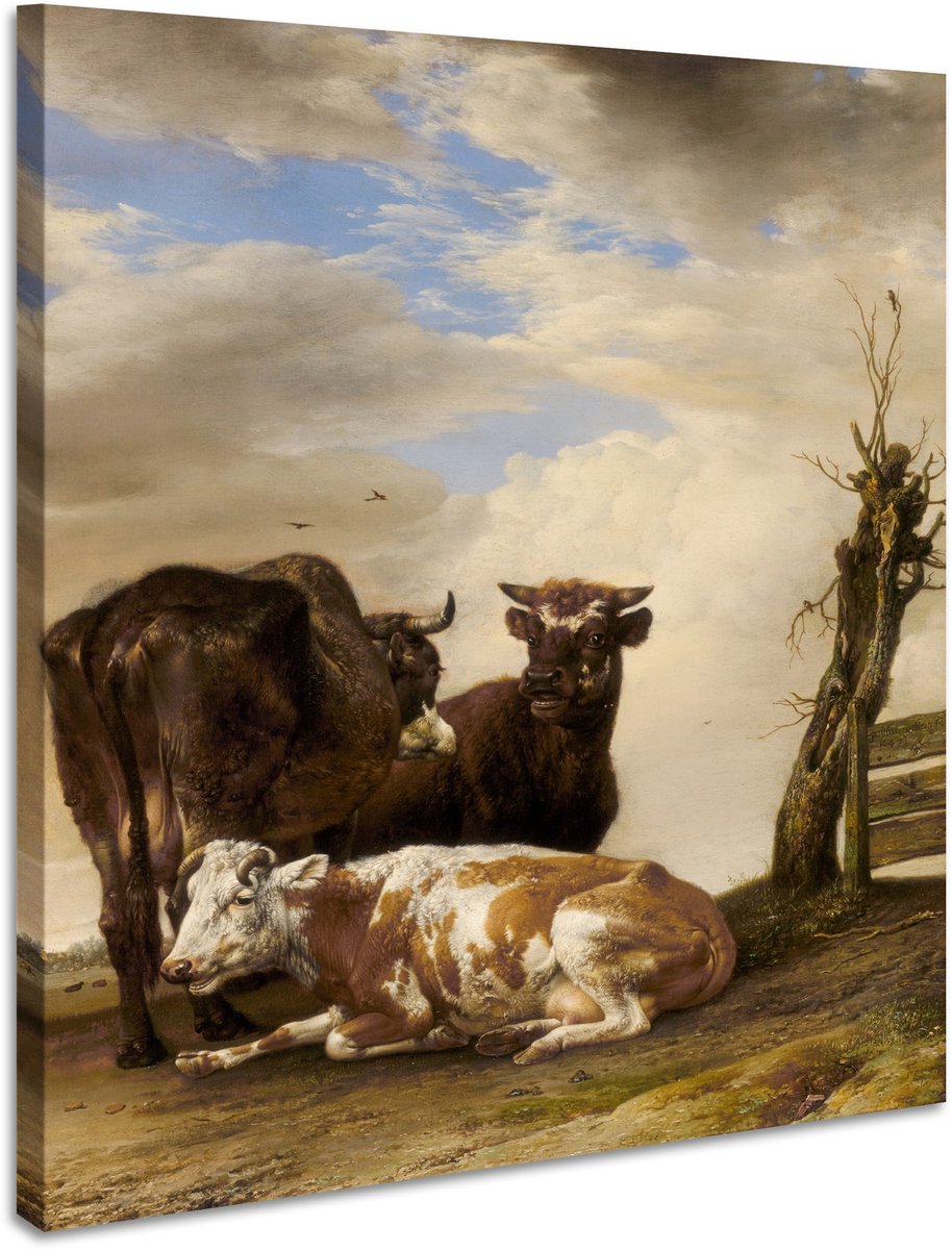 karo-art Schilderij - Paulus Potter, Twee koeien en een jonge stier naast een hek in een weiland, 1647, 60x90cm Multikleur