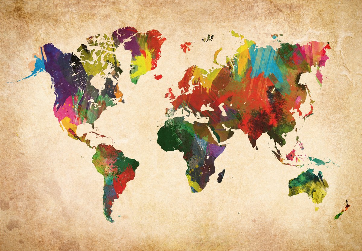 karo-art Schilderij - Artistieke wereldkaart in kleuren, Multikleur , 2 maten , Wanddecoratie