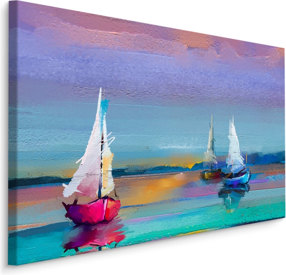 karo-art Schilderij - Kleurrijke zeilboten (print op canvas), scherp geprijsde wanddecoratie Multikleur