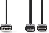Nedis 2-in-1-Kabel - USB 2.0 - USB-A Male - USB Micro-B Male / USB-C Male - 480 Mbps - 1.00 m - Vernikkeld - Rond - PVC - Zwart - Label