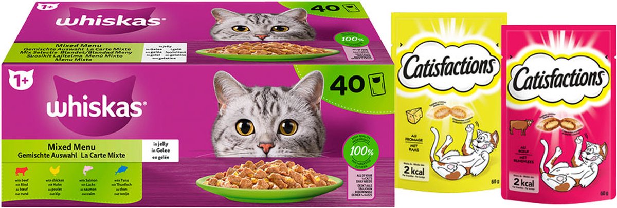 Whiskas & Catisfactions kattenvoeding - mix natte voeding en snacks met kaas en rund - 3520g