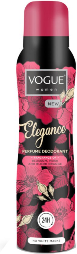 Vogue Elegance parfum deodorant voor dames. Zwarte spuitbus met roze bloemenprint en 24H bescherming. Nieuw.