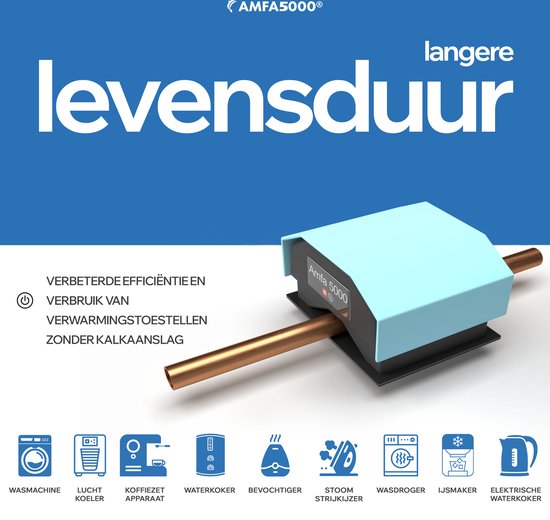 De Amfa 5000 magnetische waterontharder met een koperen leiding, verbetert efficiëntie en verbruik van verwarmingstoestellen zonder kalkaanslag.